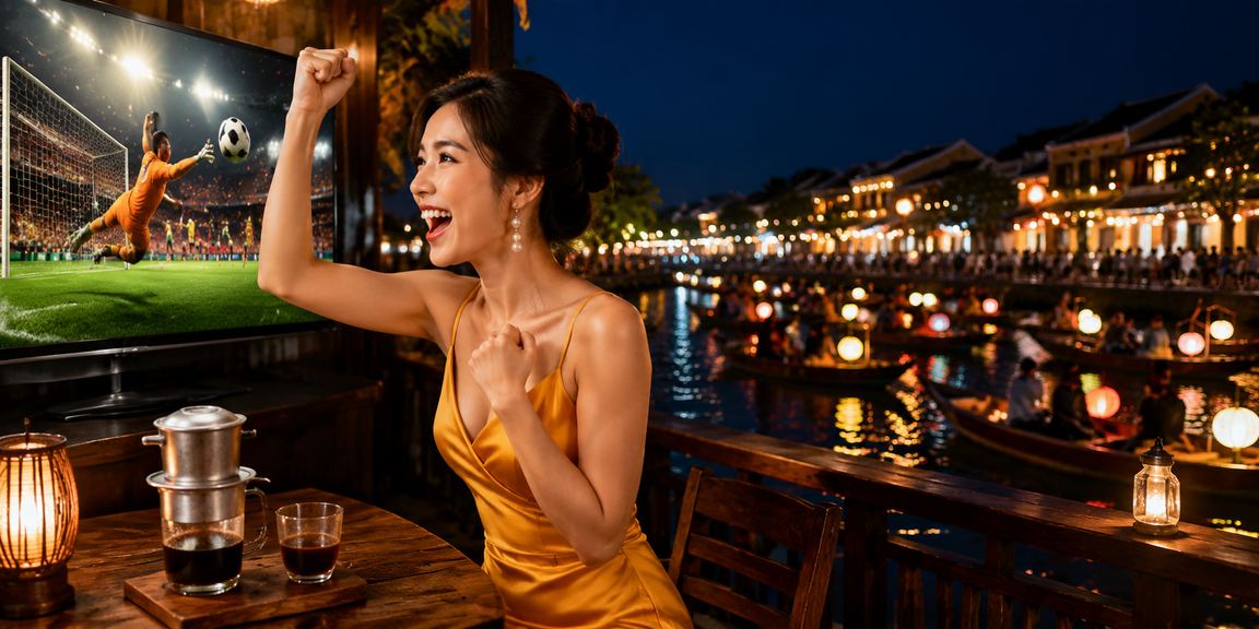 Người dùng mở giải trí casino bằng điện thoại trong không gian cà phê Hội An